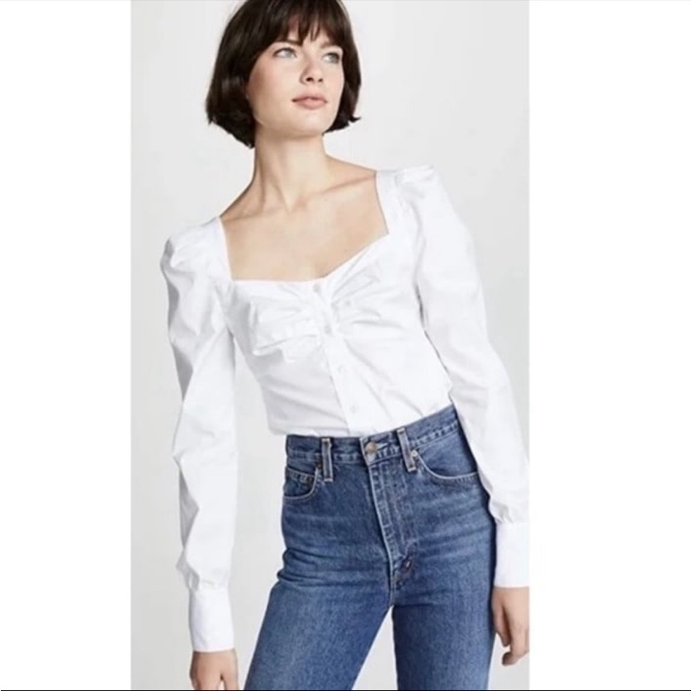 Veronica Beard Milkmaid Peasant Top with Puff Sleeves.